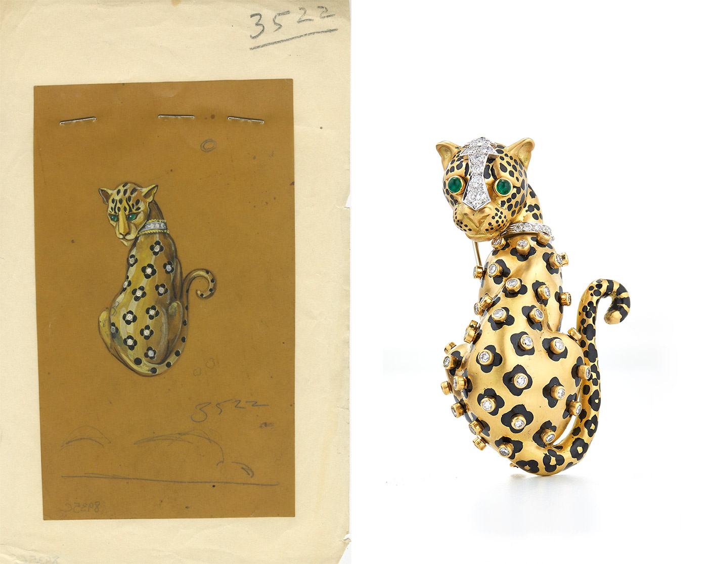  David Webb 'Leopard' brooch with cabochon emeralds, brilliant cut diamonds and black enamel in 18k gold and platinum 