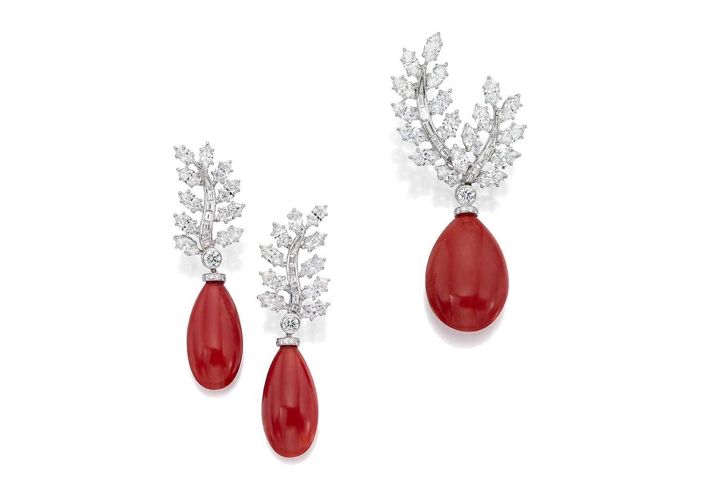  Assael 'Diamond Leaf' drop earrings and brooch / pendant set with Sardinian coral and diamonds