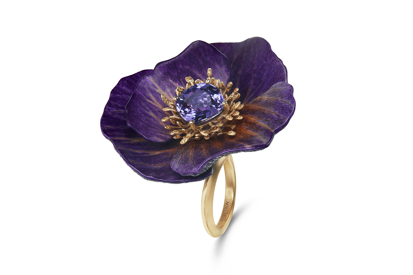  Boucheron 'Eternal Flowers' line 'Anemone Meron Bordeaux' ring with 5.99ct violet sapphire, and yellow and blue sapphires in yellow gold