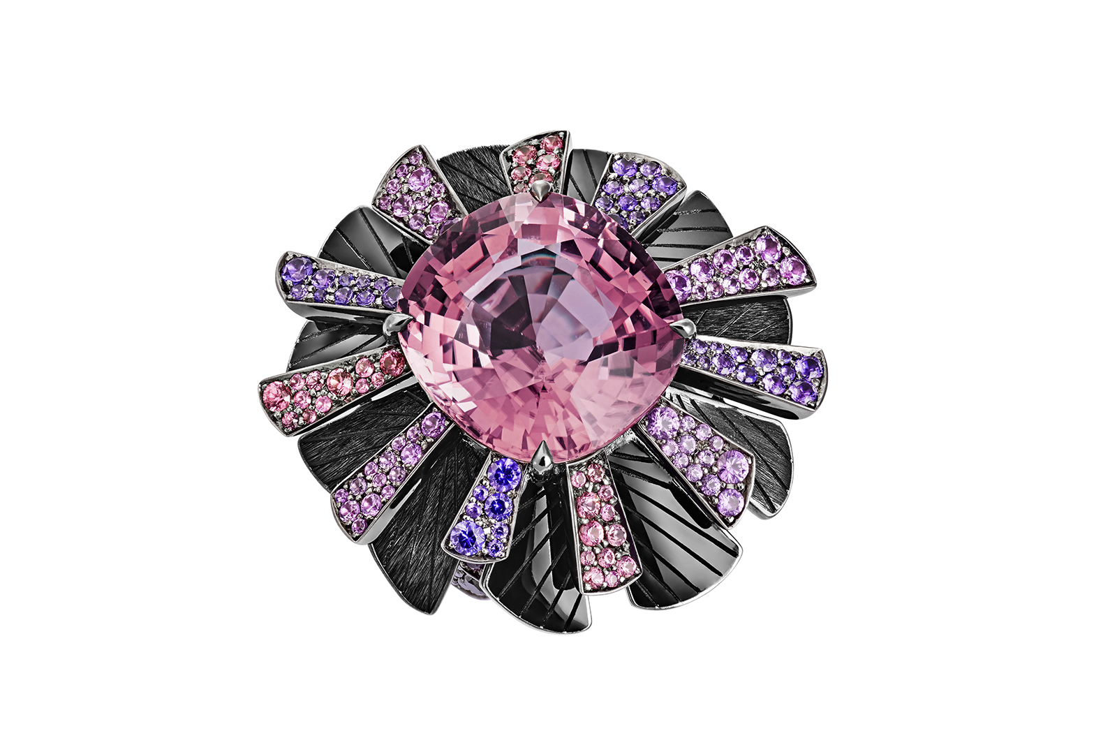  Lorenz Bäumer 'Rayonnement' ring from 'Black Magic' collection with 17.79ct pink tourmaline, black diamonds, purple and pink sapphires in white gold plated with black rhodium 