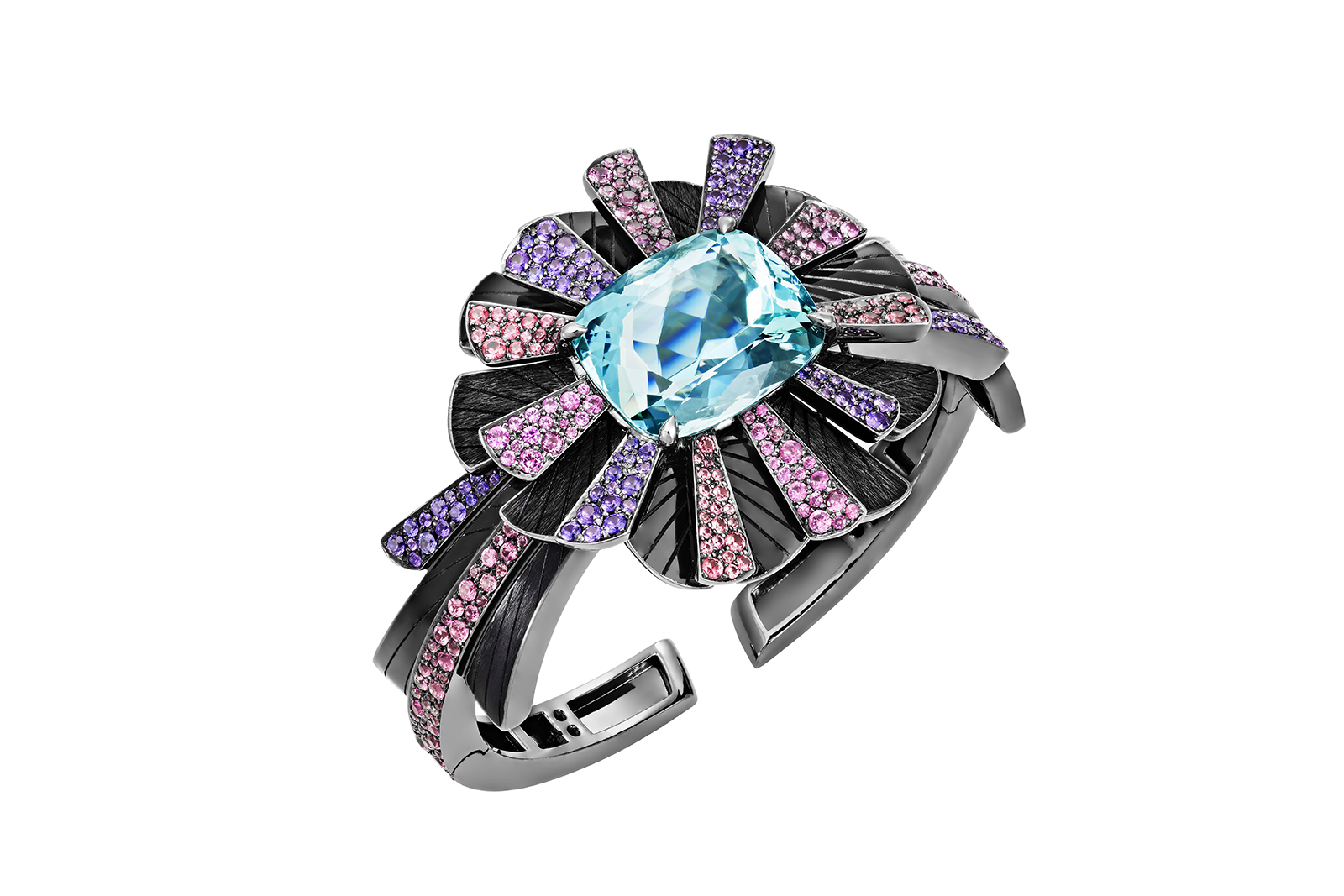  Lorenz Bäumer 'Rayonnement' bangle from 'Black Magic' collection with 20.30ct aquamarine, purple and pink sapphires in white gold plated with black rhodium