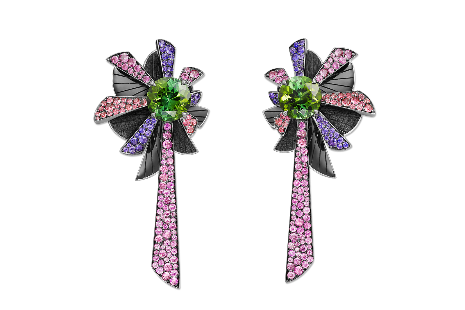 Lorenz Bäumer 'Rayonnement' earrings from 'Black Magic' collection with 6.37ct green tourmaline, purple and pink sapphires in white gold plated with black rhodium 
