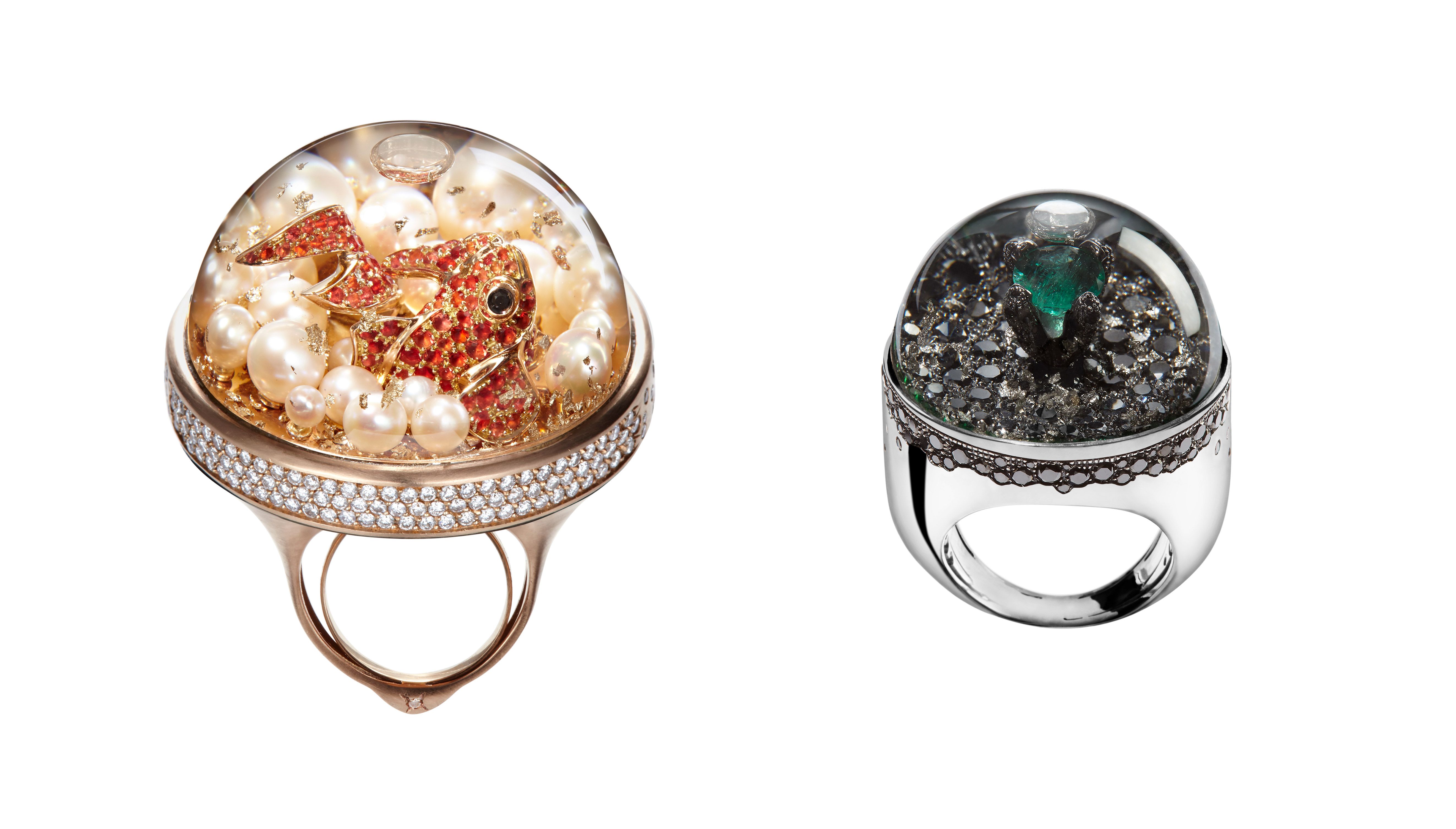 Dreamboule 'Nemo & Pearls' ring with pearls, orange sapphires, black and colourless diamonds in 18k rose gold, and 'Emerald Solitaire' ring with 0.87ct emerald and black diamonds in 18k white gold
