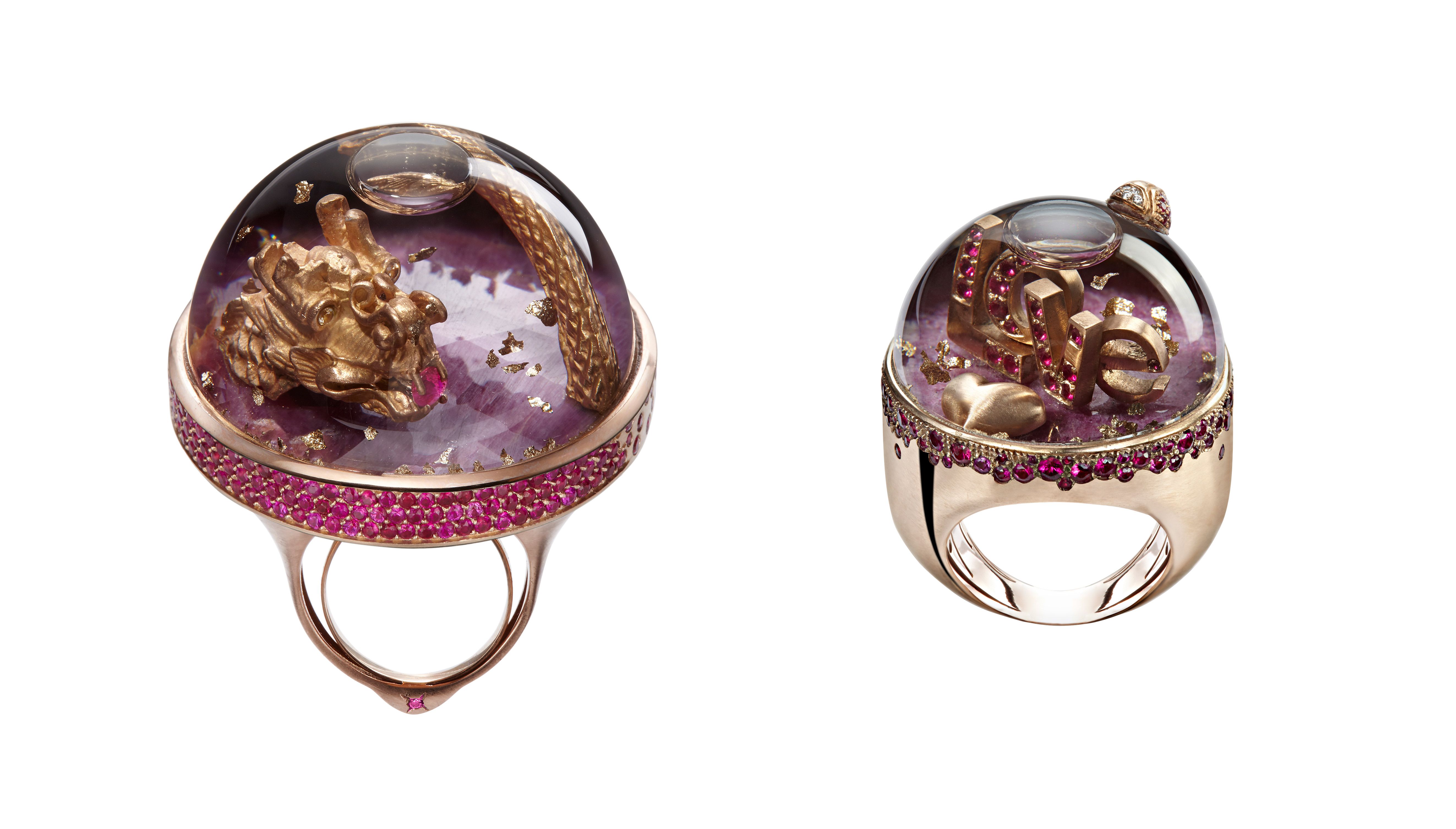  Dreamboule 'Dragon' ring with rubies and 'Love' ring with rubies and diamonds, both in 18k rose gold 