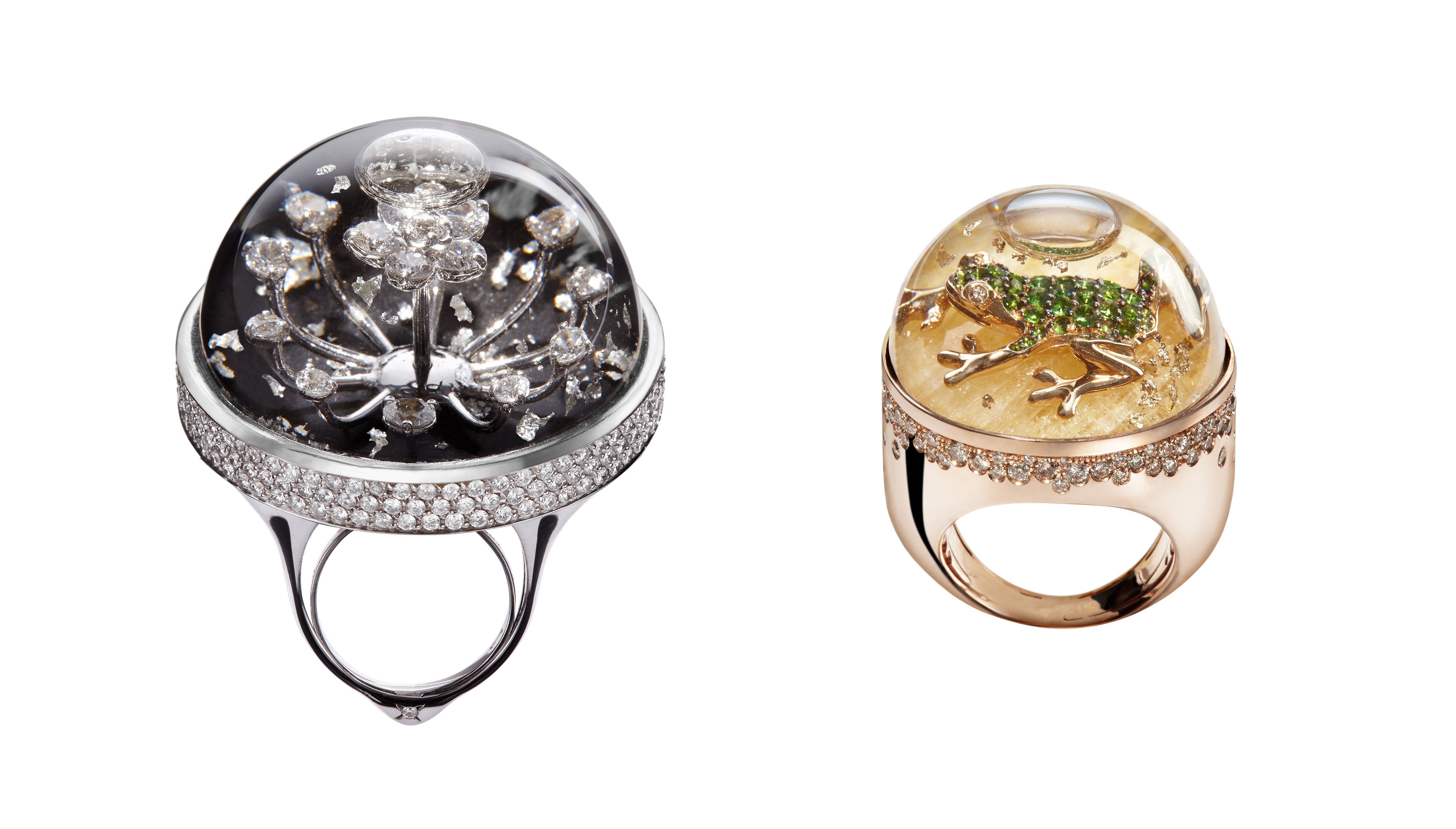  Dreamboule 'Just Diamonds' ring with diamonds in 18k white gold, and 'Frog & Grasshopper' ring with diamonds, tsavorites and sapphires in 18k rose gold