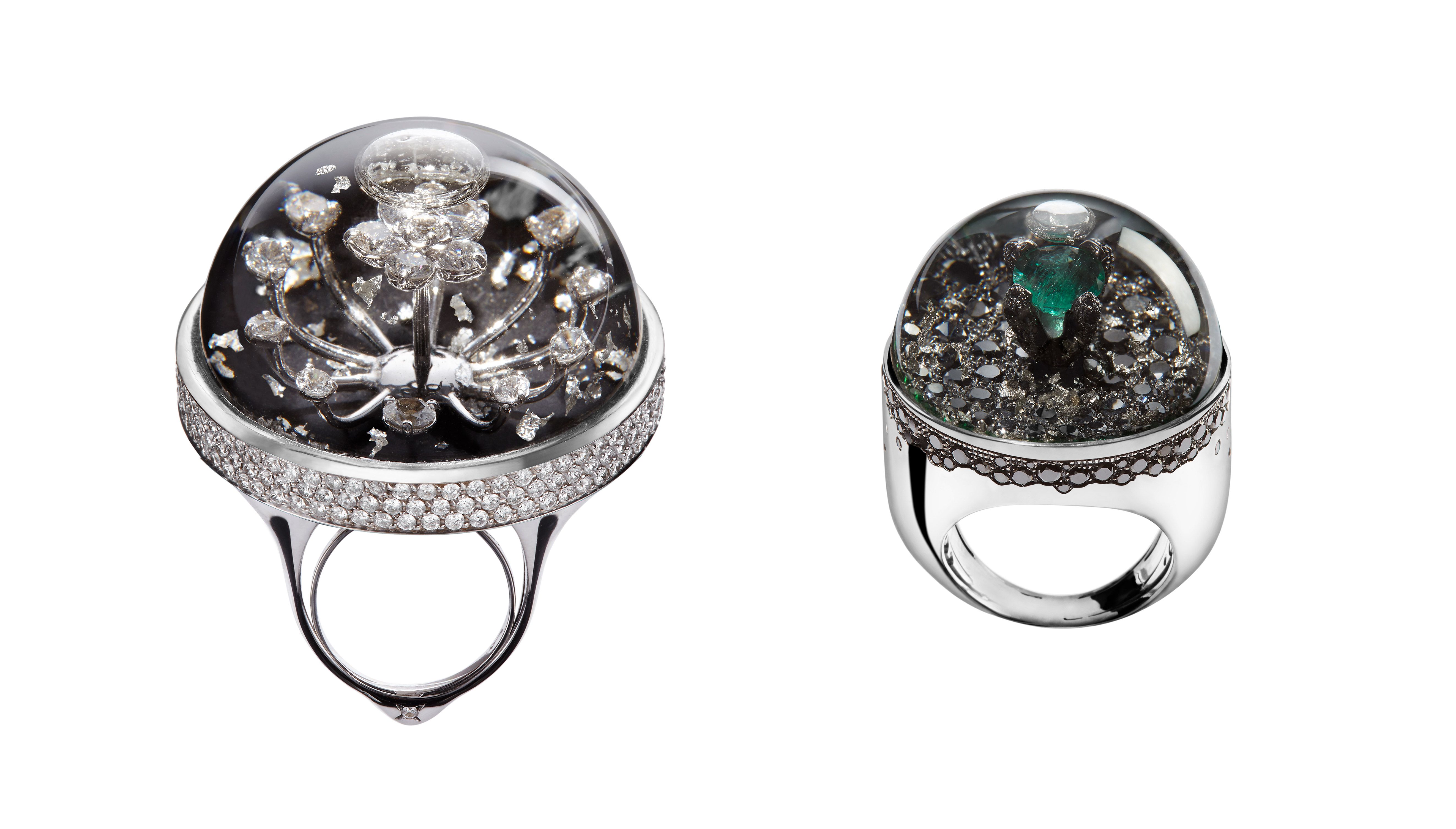 Dreamboule 'Just Diamonds' ring with diamonds and 'Emerald Solitaire' ring with 0.87ct emerald and black diamonds, both in 18k white gold