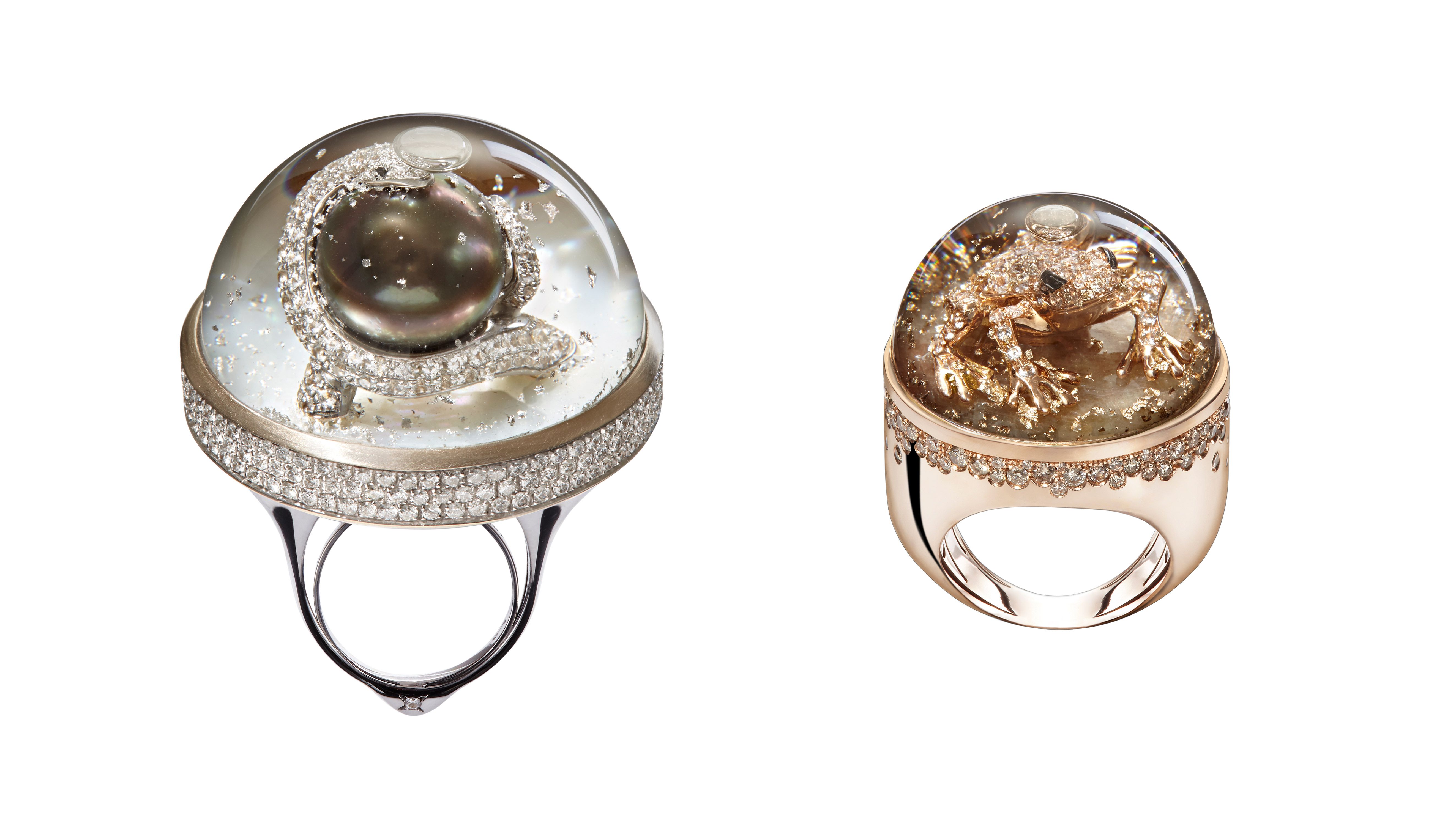  Dreamboule 'Snake & Pearl' ring with Tahitian pearl, diamonds and mother of pearl in 18k white gold, and 'Frog' ring with champagne diamonds and moss coloured sapphires in 18k rose gold