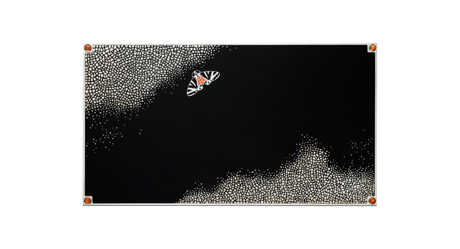  Cartier jewellery box with cabochon orange moonstones, lacquer, eggshell mosaic, palladium and black Alcantara® lining 