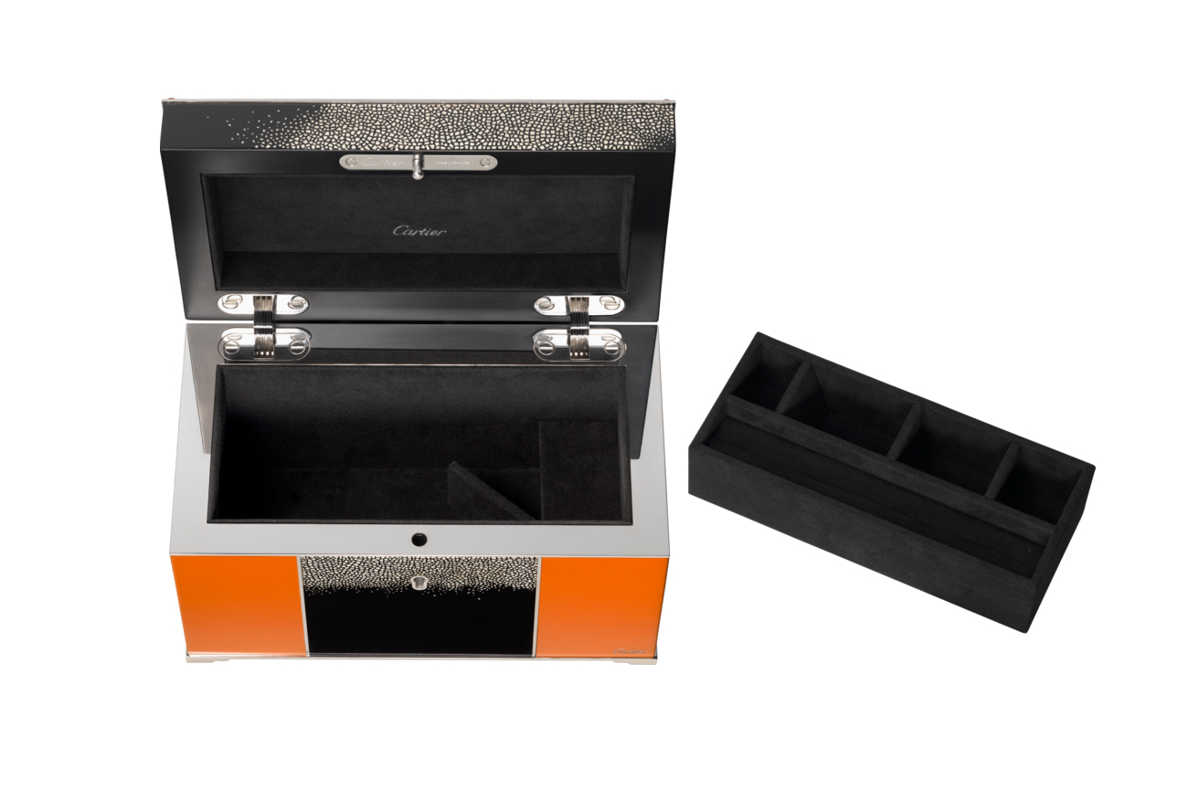  Cartier jewellery box with cabochon orange moonstones, lacquer, eggshell mosaic, palladium and black Alcantara® lining 
