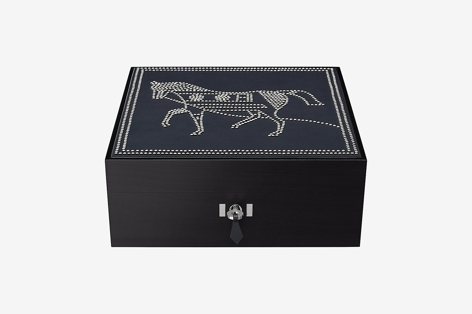 Hermès ‘Horse 8’ watch and cufflink box in sycamore wood, hand studded Swift calfskin and velvet goatskin