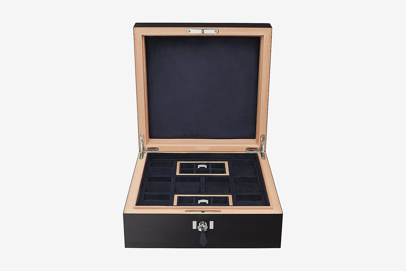  Hermès ‘Horse 8’ watch and cufflink box in sycamore wood, hand studded Swift calfskin and velvet goatskin