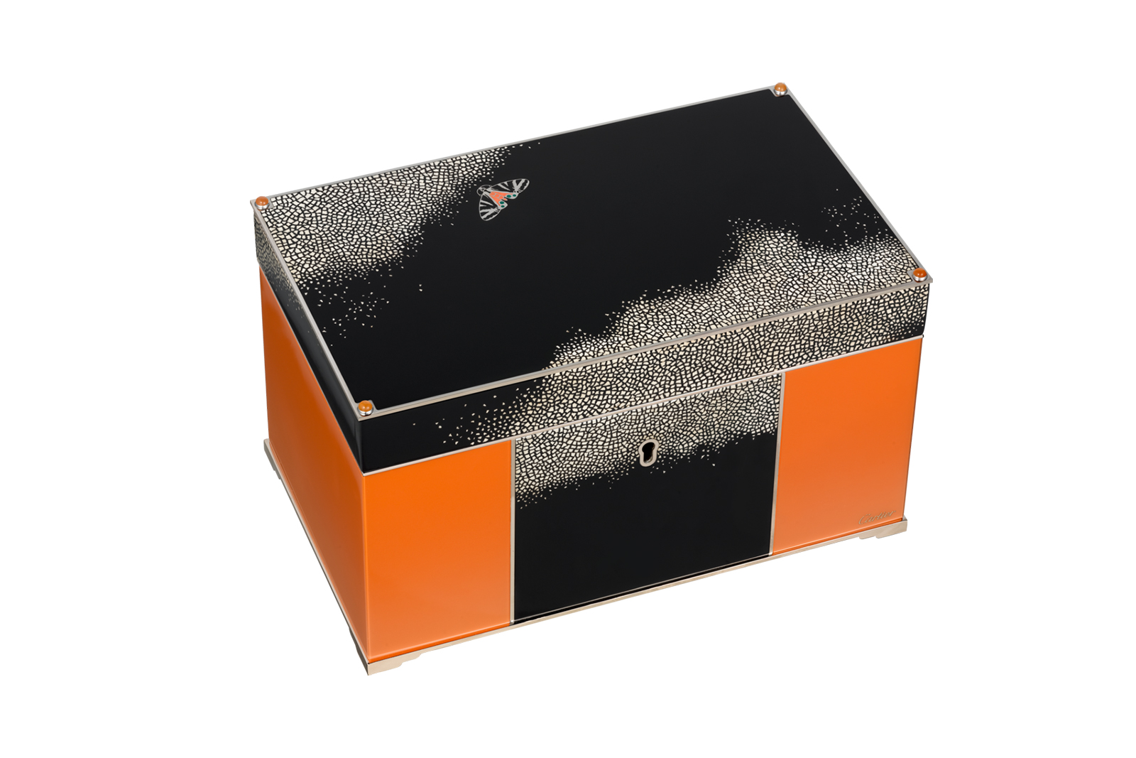 Cartier jewellery box with cabochon orange moonstones, lacquer, eggshell mosaic, palladium and black Alcantara® lining 