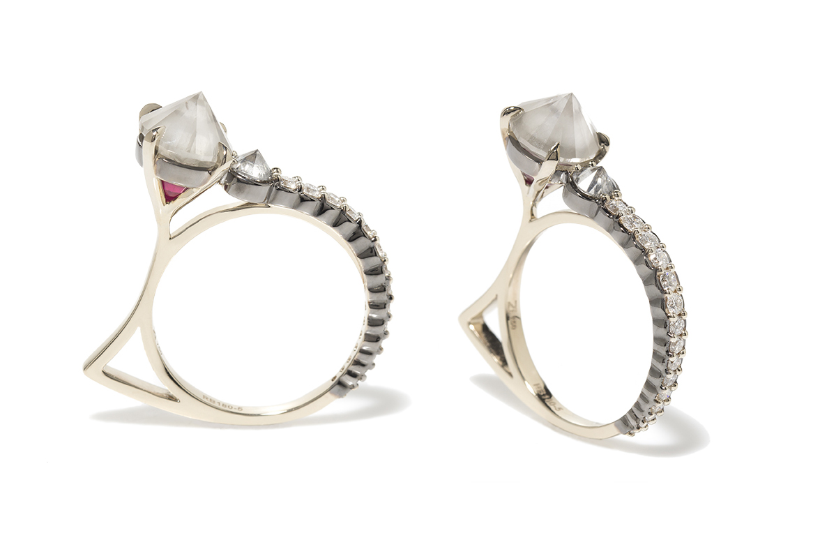  Ara Vartanian ring with ruby, grey and colourless diamonds on white gold 