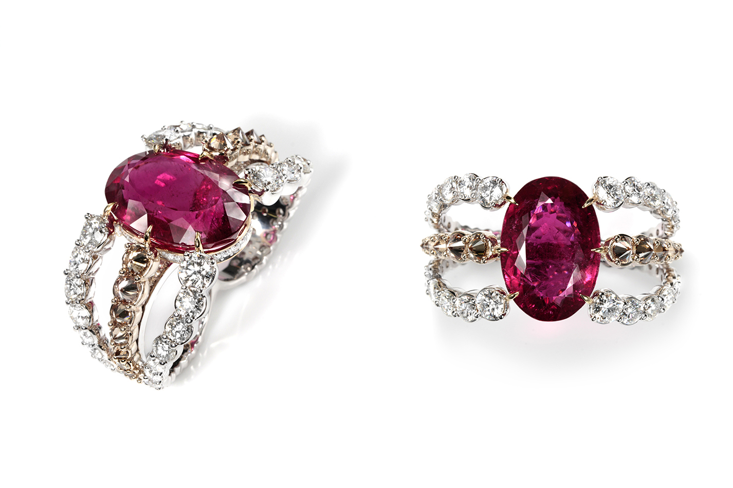Ara Vartanian  'Octopus' ring with rubellite, colourless and brown diamonds in white gold 