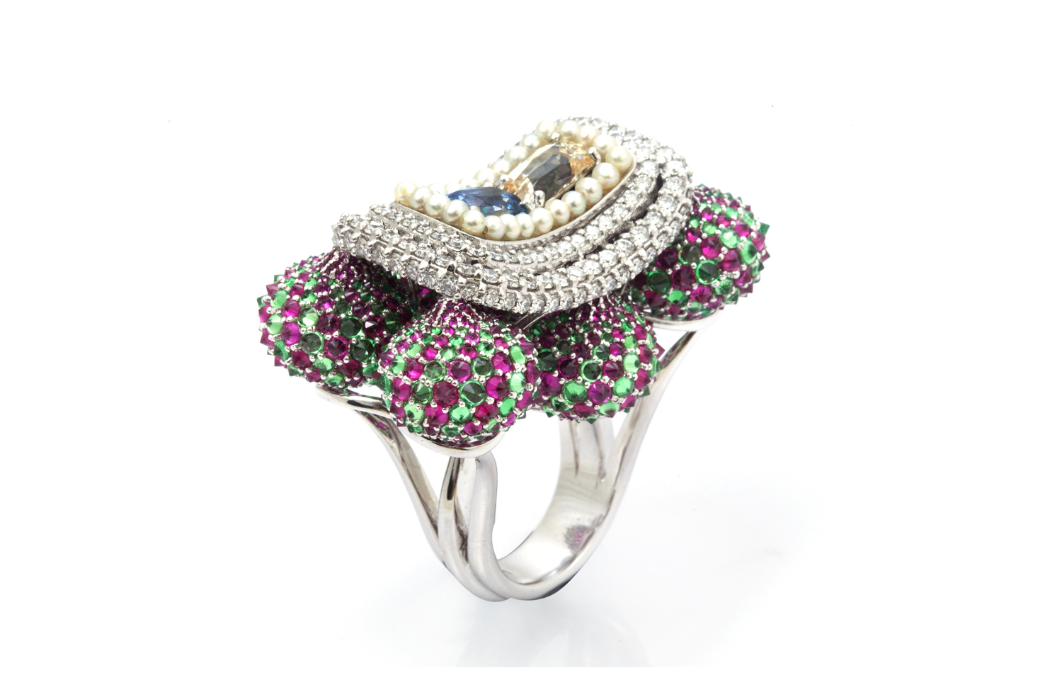  D'joya 'Red Square' ring with rubies, tsavorites, natural saltwater pearls, sapphires and diamonds