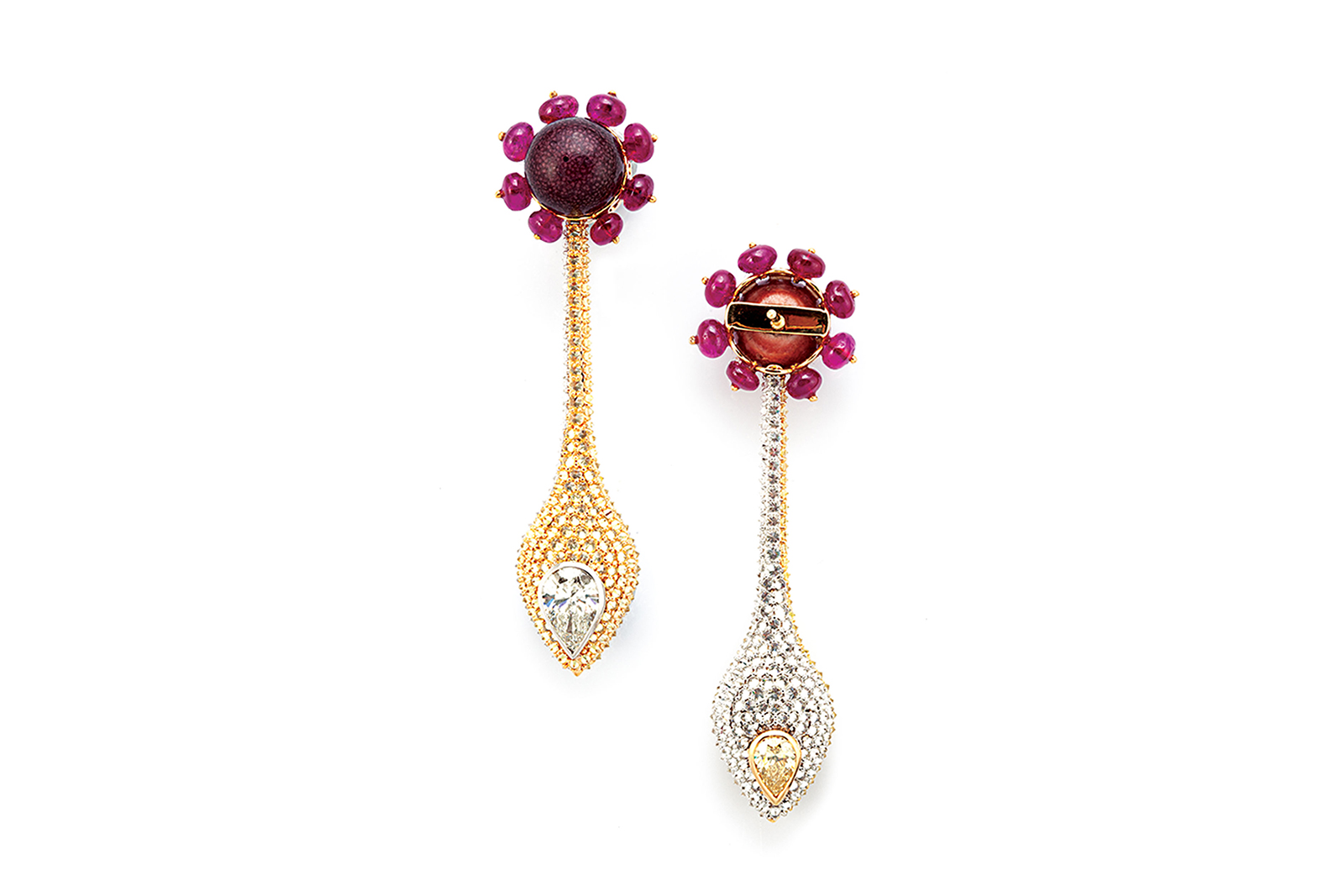  D'joya 'Weaver's Nest' earrings with ruby beads, colourless and yellow diamonds and enamel