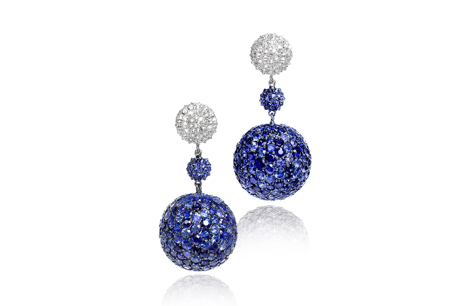  Nam Cho ball earrings with blue sapphires and diamonds in white gold and black rhodium 