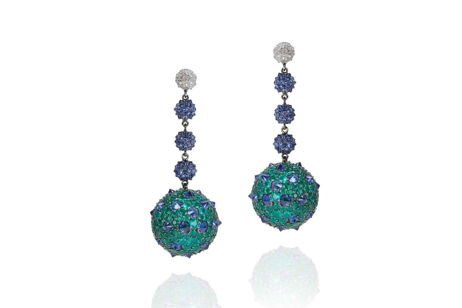  Nam Cho ball earrings with diamonds, blue sapphires, and emeralds in white gold