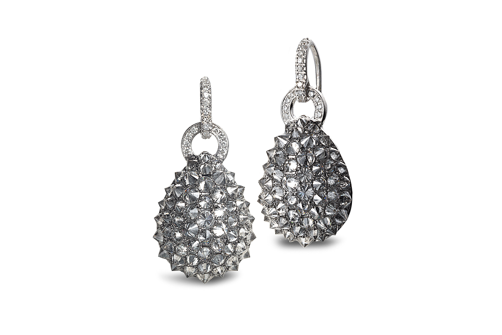  Nam Cho oval spike drop baby hoop earrings with grey and white diamonds