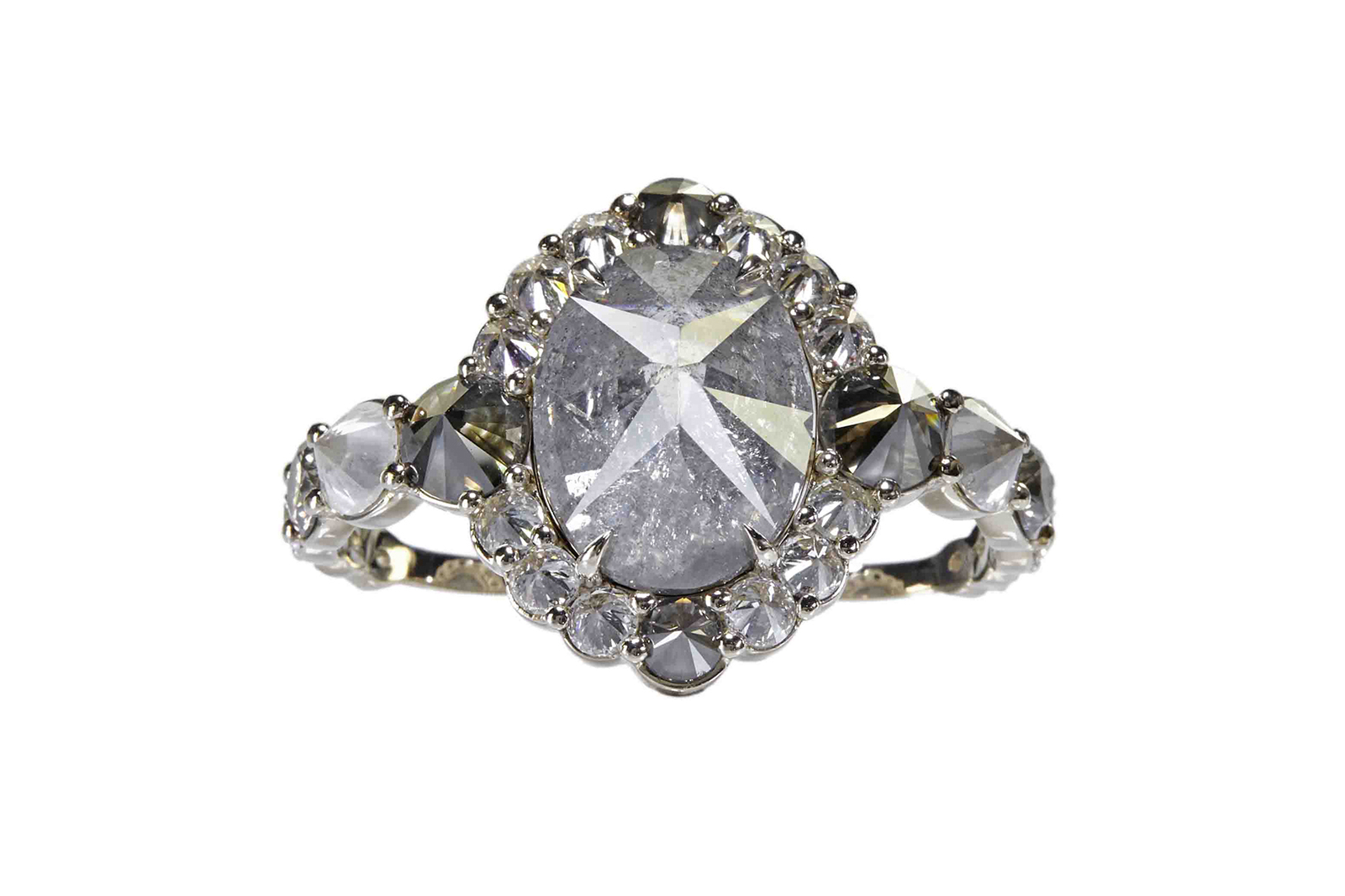  Ara Vartanian double finger ring with 24ct fancy grey diamond, and grey, brown and colourless diamonds in white gold