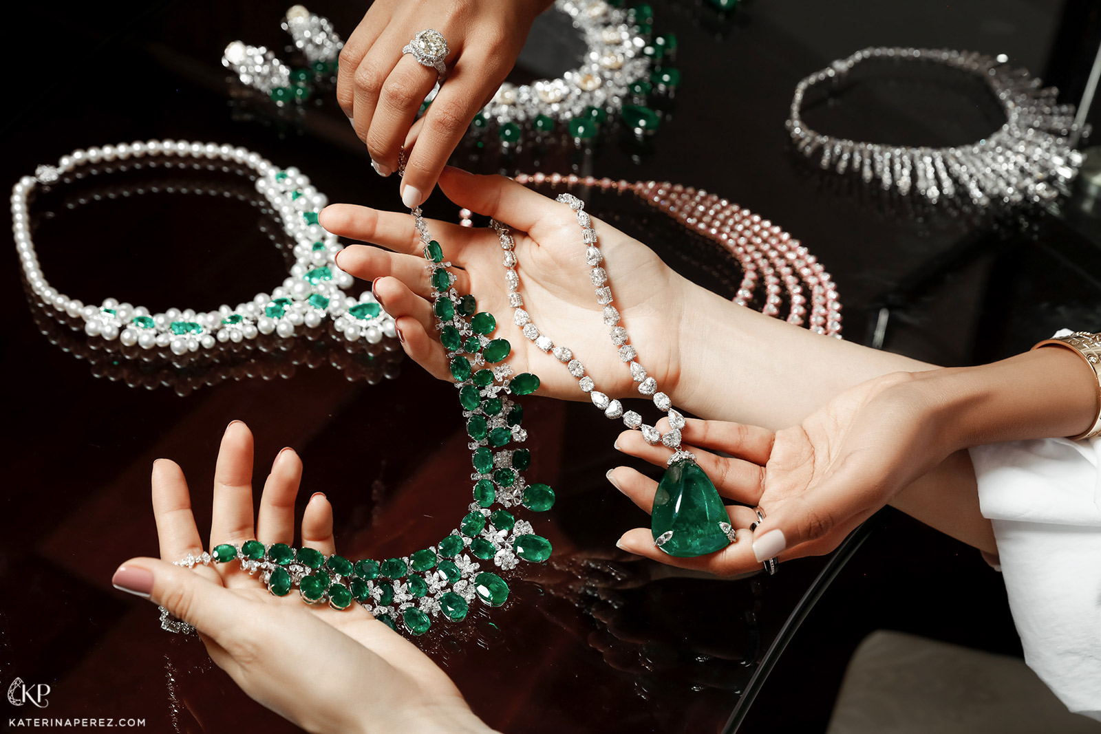 A selection of Kamyen emerald, diamond and pearl jewellery