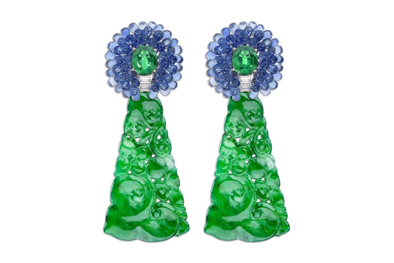  Spheni Switzerland jadeite earrings with diamonds, emeralds and sapphires