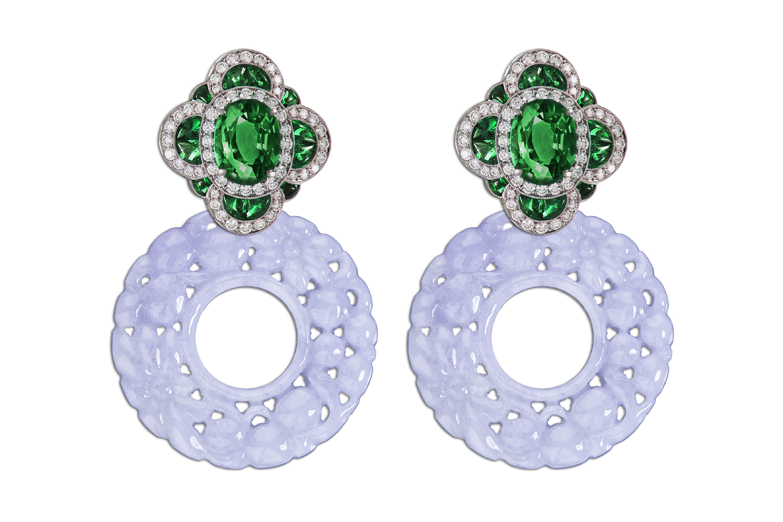 Spheni Switzerland earrings with lavender jadeite, diamonds and emeralds