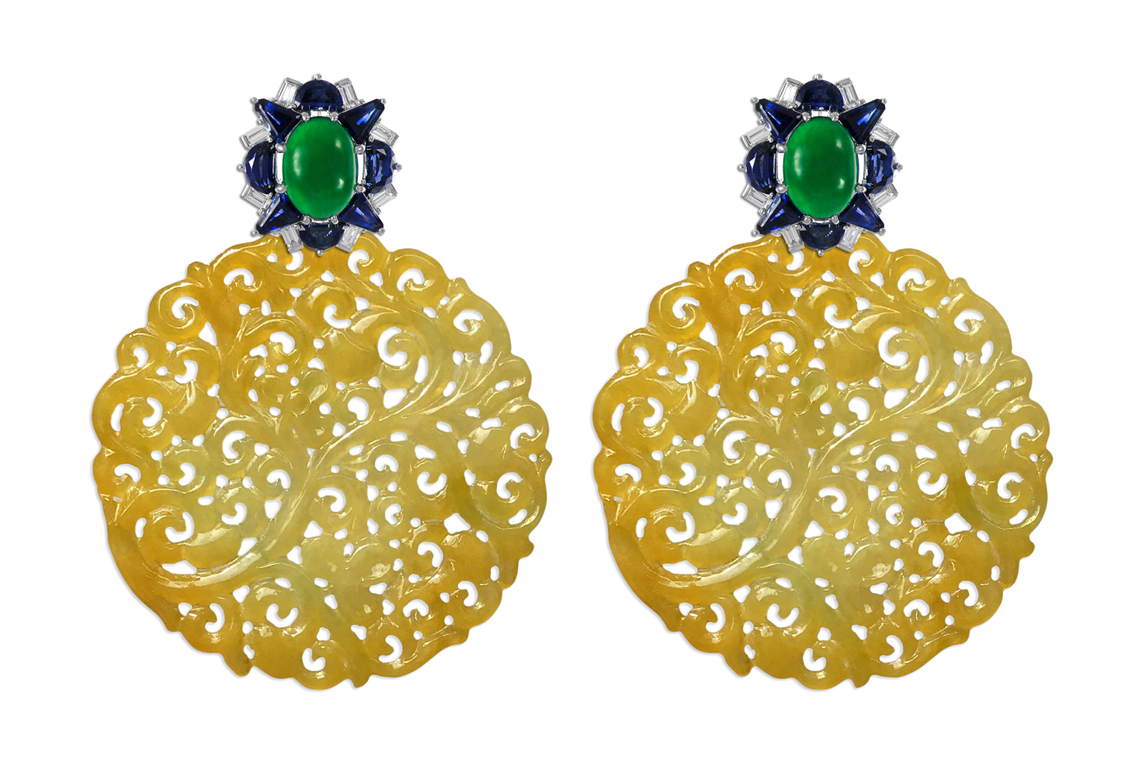  Spheni Switzerland jadeite earrings with emeralds, sapphires and diamonds