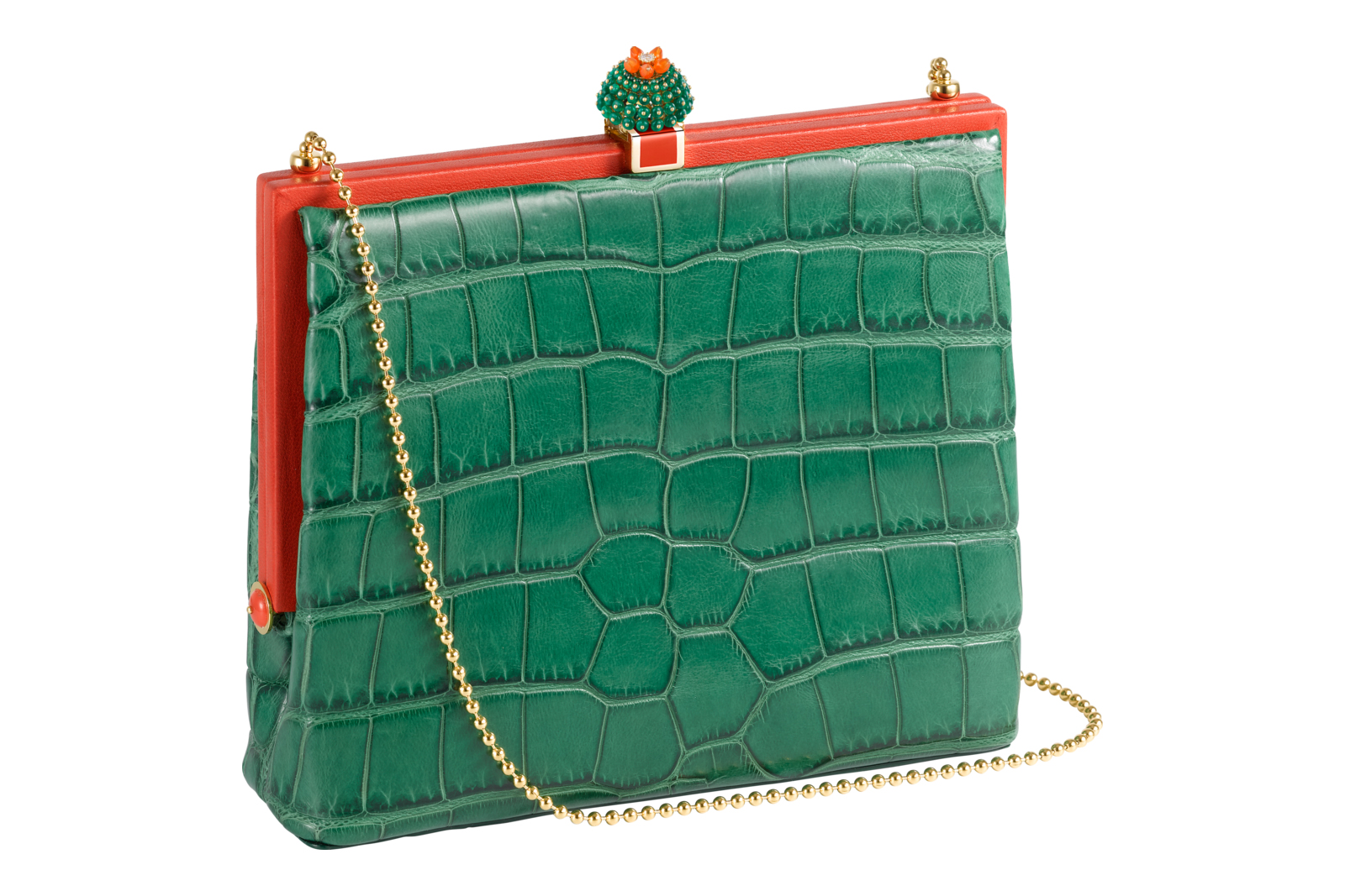  'Cactus de Cartier' bag in green alligator leather with emeralds, carnelians, diamonds and 18K yellow gold