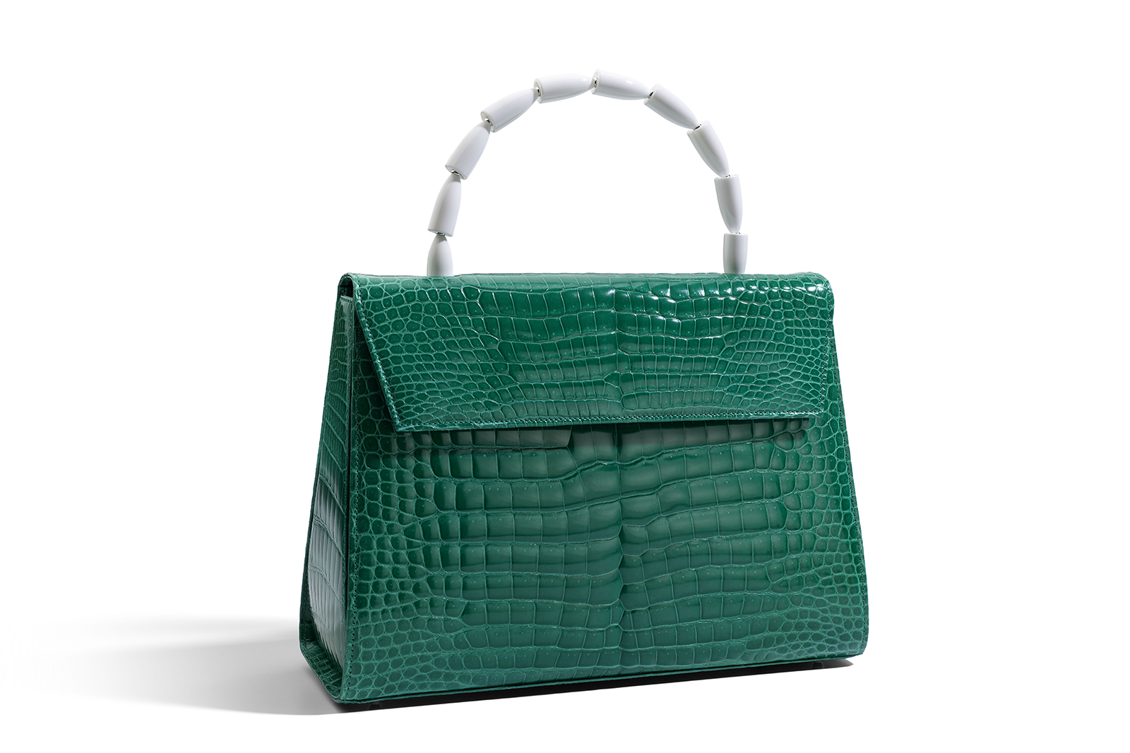  Vhernier 'Calla' bag in green crocodile leather with cacholong and 18k white gold handle 
