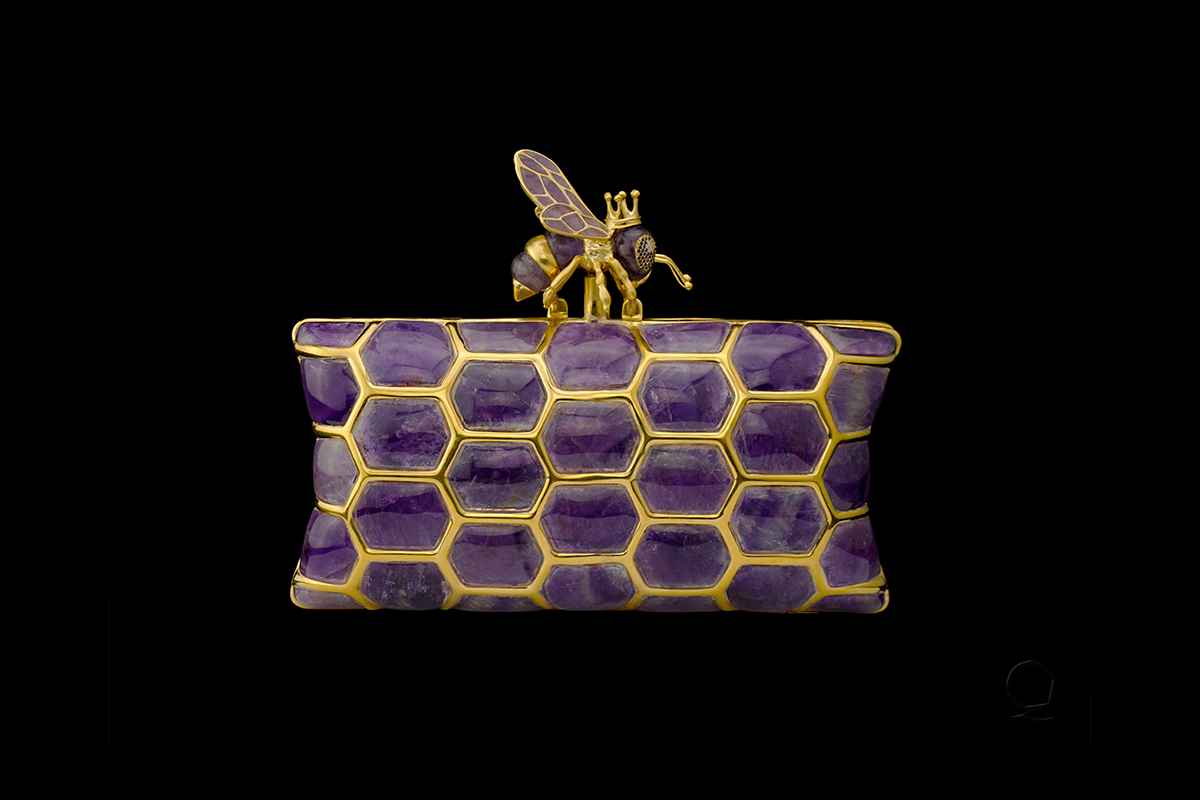 L’Aquart ‘Kleodora Queen Bee’ clutch bag in amethyst and 18K yellow gold vermeil