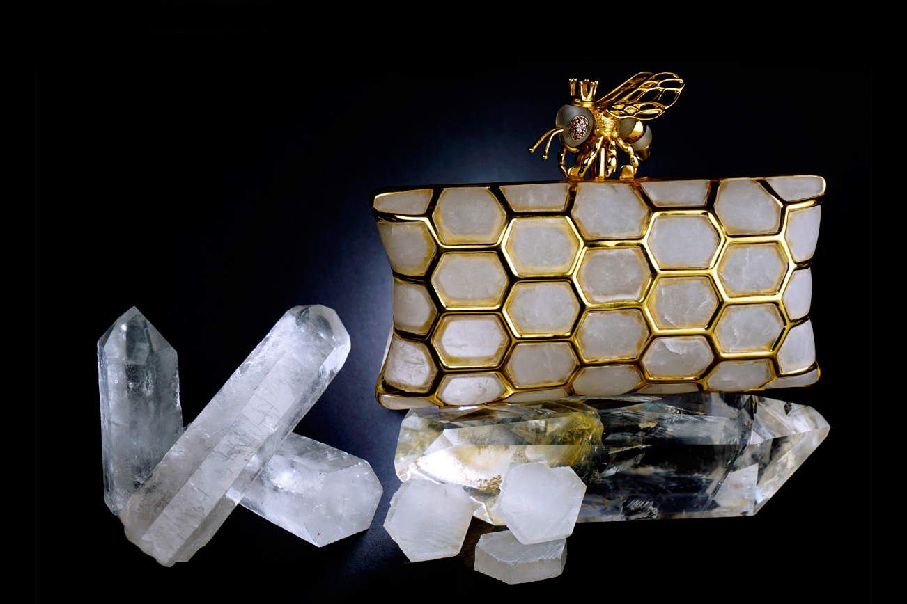  L’Aquart ‘Kleodora Queen Bee’ clutch bag in white quartz and 18K yellow gold vermeil
