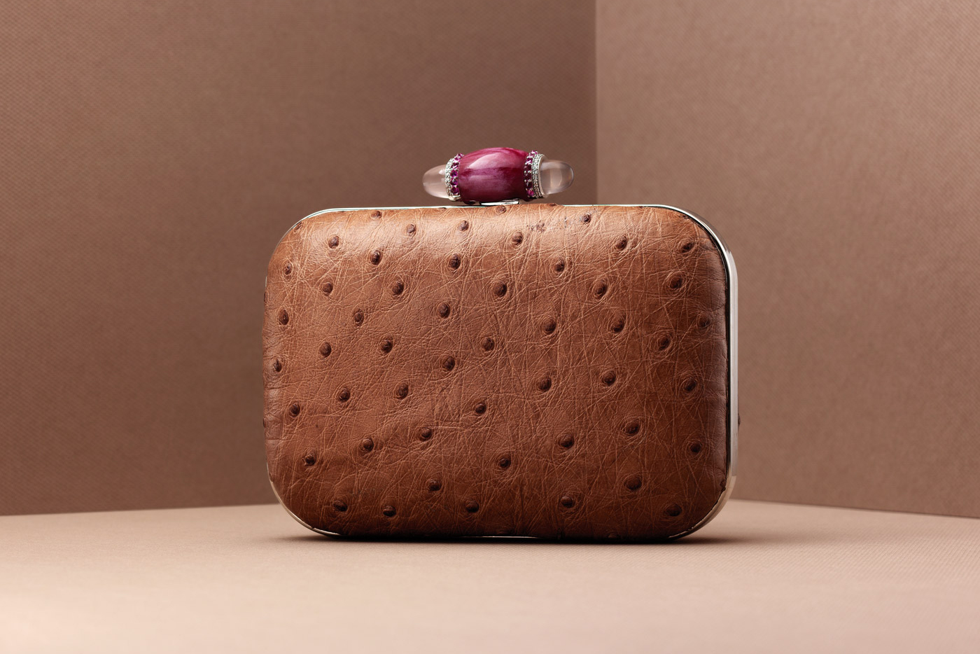  Gage and Porter bag in ostrich leather with pink sapphire, diamond and acrylic clasp in 18K yellow gold