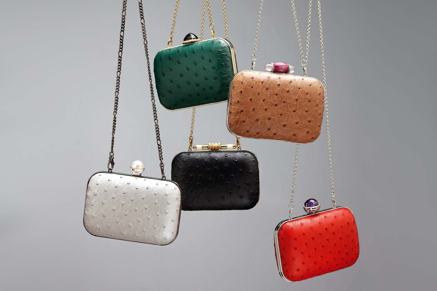 Gage and Porter bags with gemstones and ostrich leather