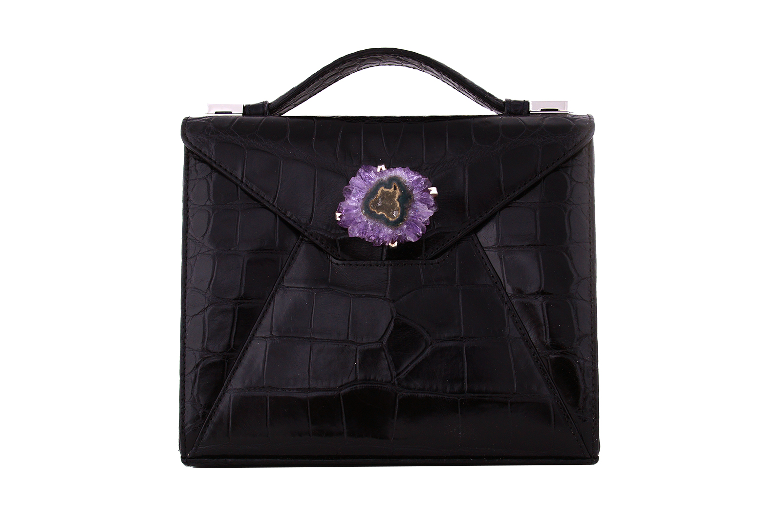 Noof 'Zain' bag in black crocodile leather with amethyst and gold plated silver frame