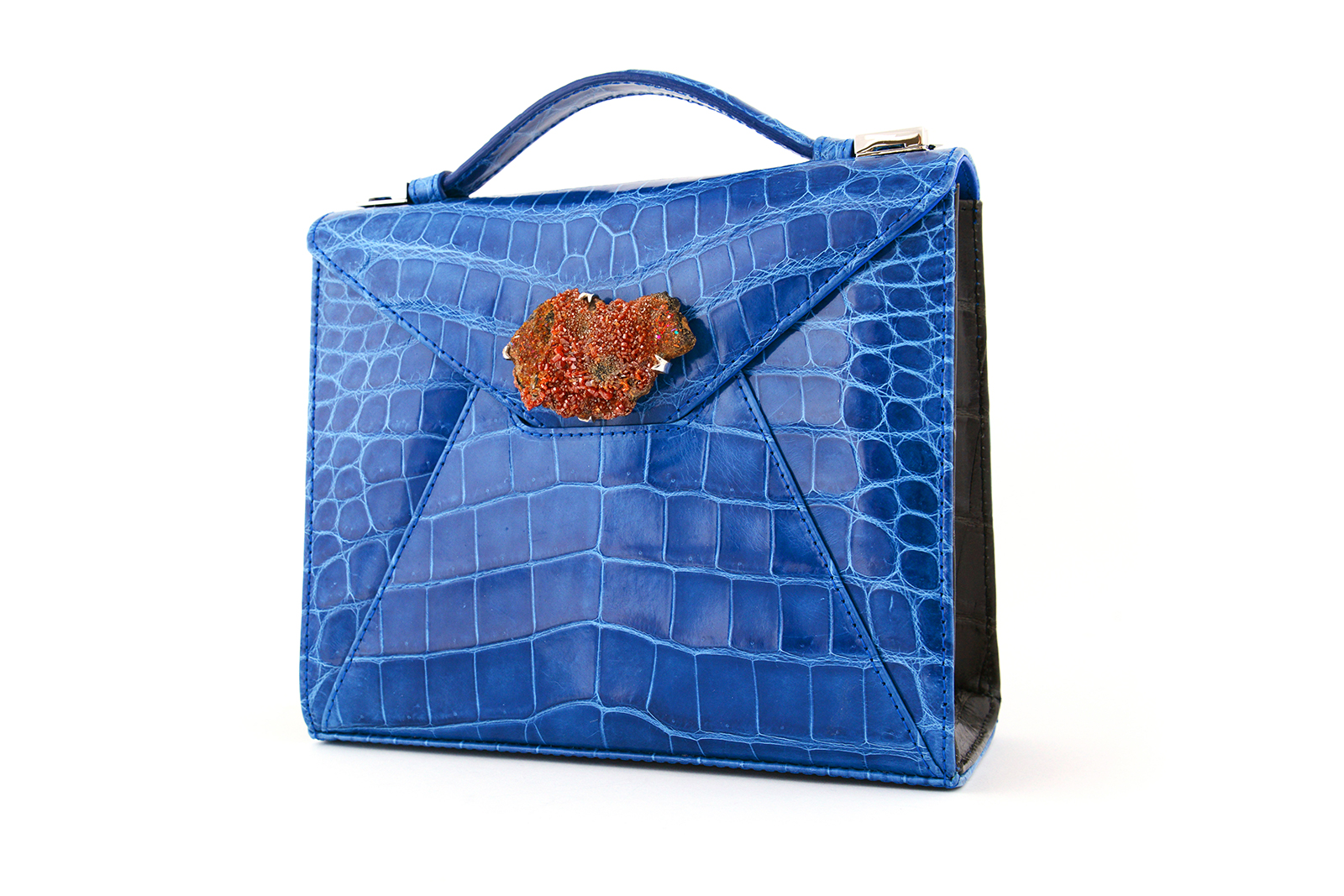  Noof 'Zain' bag in blue crocodile leather with amber stone and gold plated silver frame
