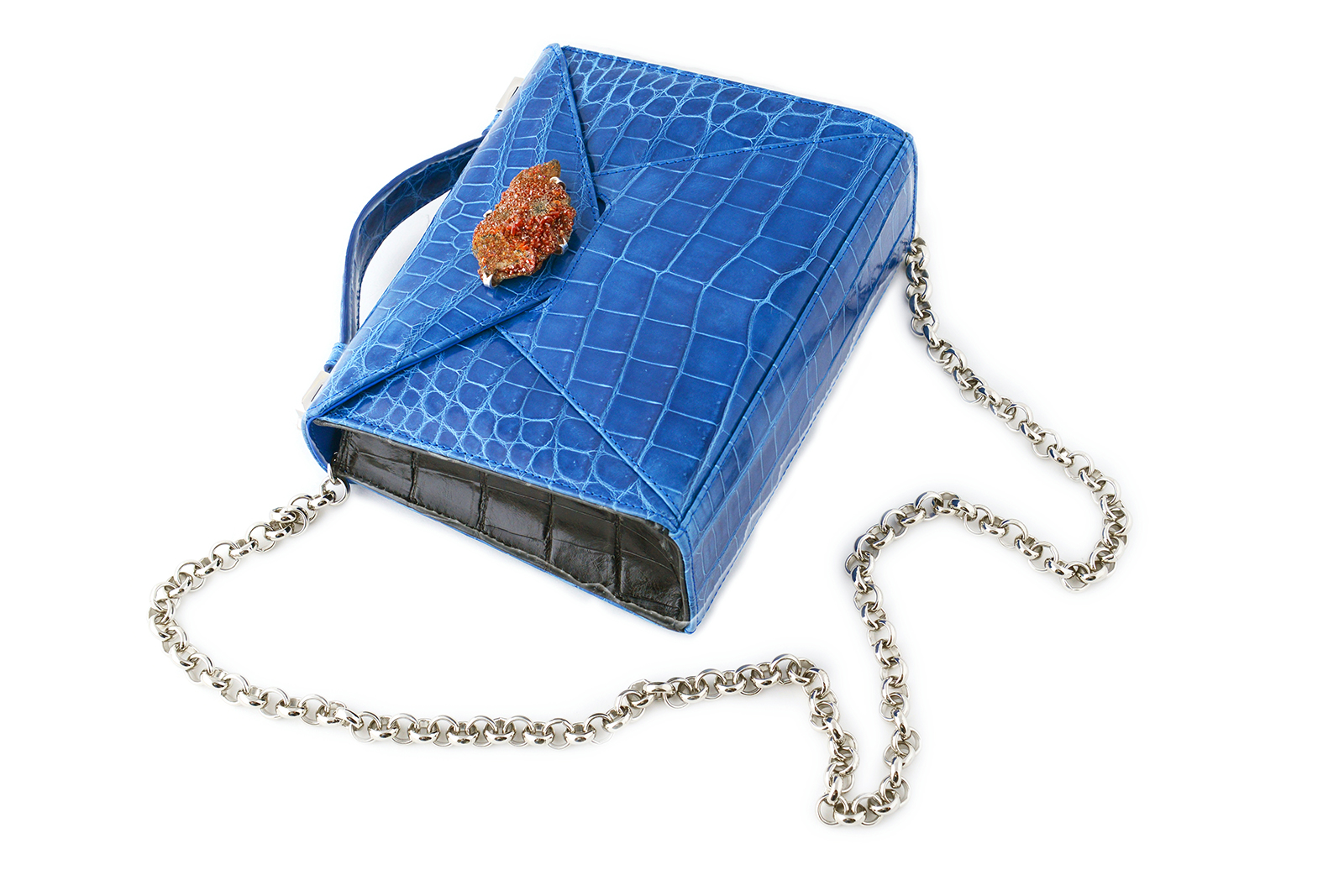 Noof 'Zain' bag in blue crocodile leather with amber stone and gold plated silver frame