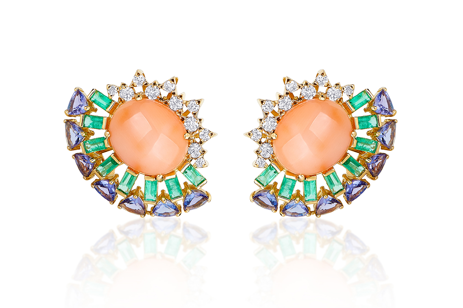 Carol Kauffmann ‘Magic Clip’ earrings from the ‘Magic’ collection with coral, emeralds, tanzanites, and diamonds with 18k yellow gold