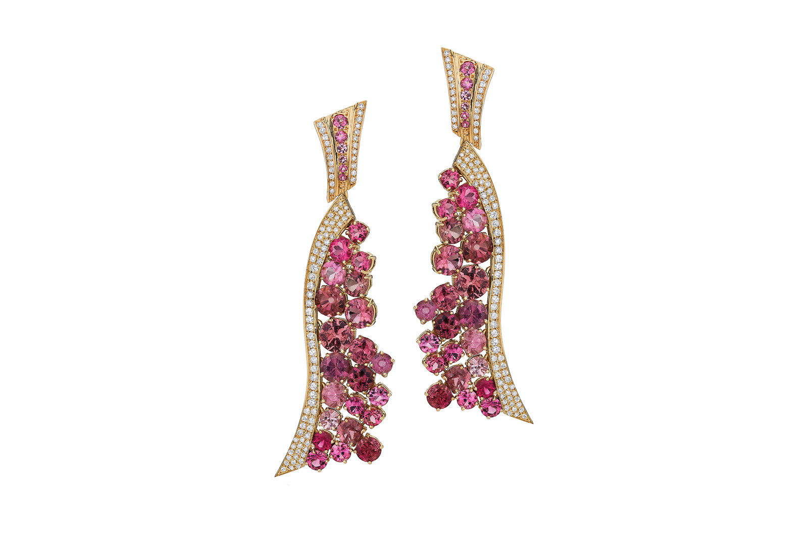  Carol Kauffmann 'Music' earrings with pink tourmaline and diamonds in 18k yellow gold