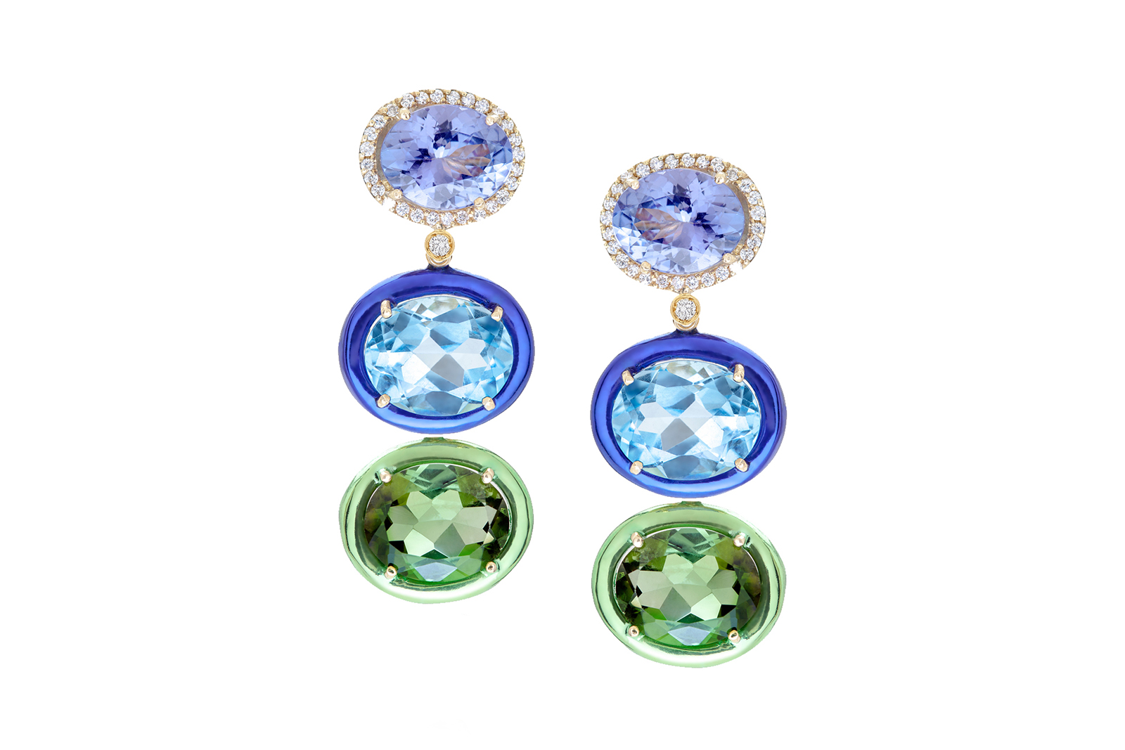  Carol Kauffmann 'Class' earrings with tanzanite, blue topaz, green tourmaline, diamonds in 18k yellow gold