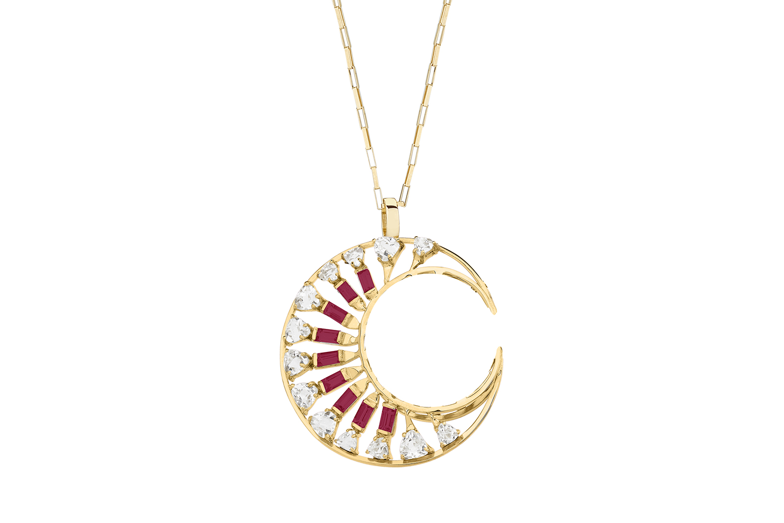  Carol Kauffmann 'Trapeze' pendant necklace with white topaz and rubies in 18k yellow gold 