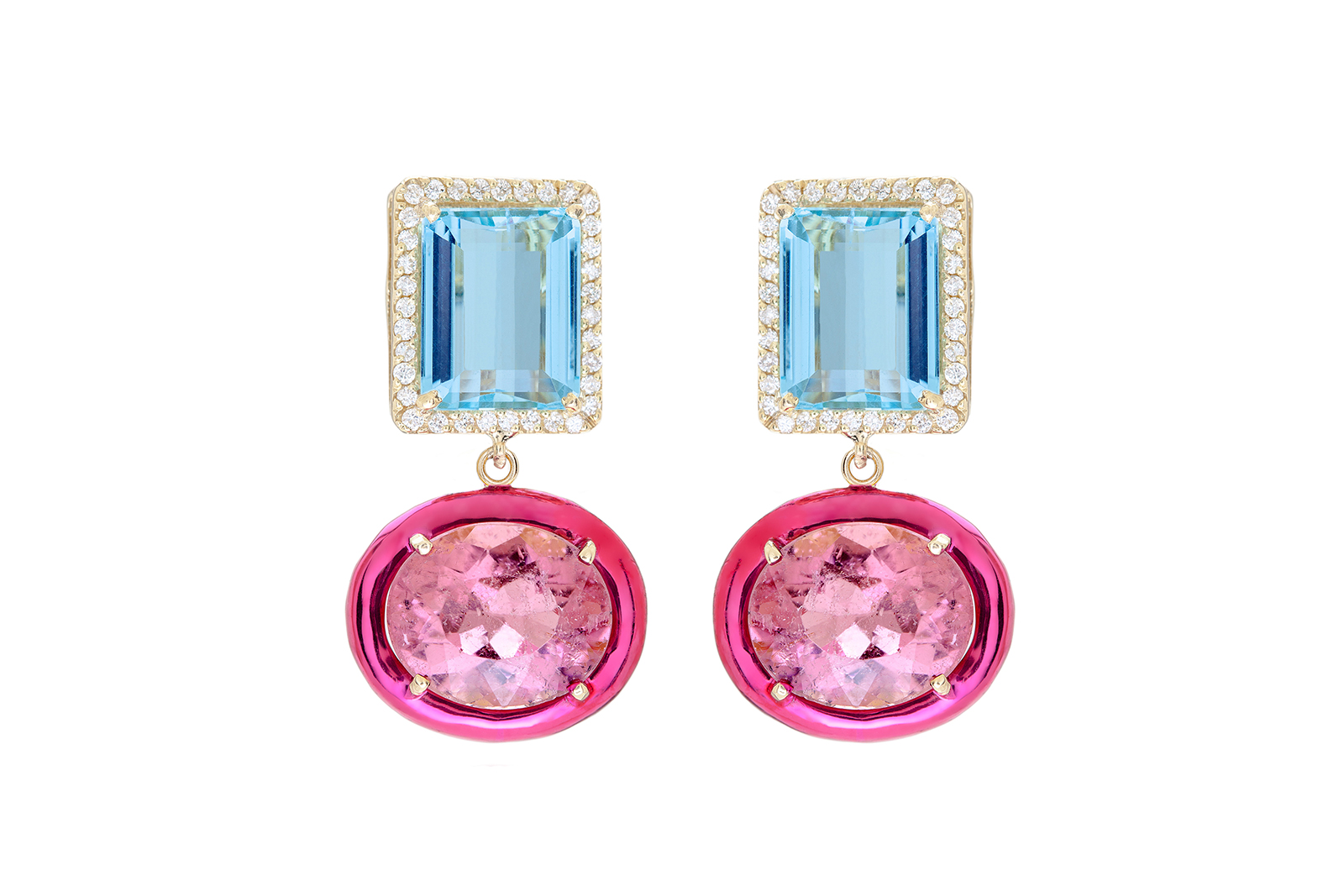  Carol Kauffmann 'Class' earrings with emerald cut topaz, pink tourmaline and diamonds in 18k yellow gold