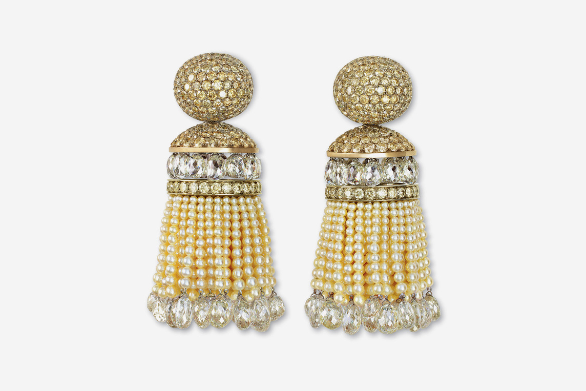  Hemmerle earrings featured in 'Jeweler', with diamonds, natural keshi pearls and gold. Price on Application, courtesy Hemmerle