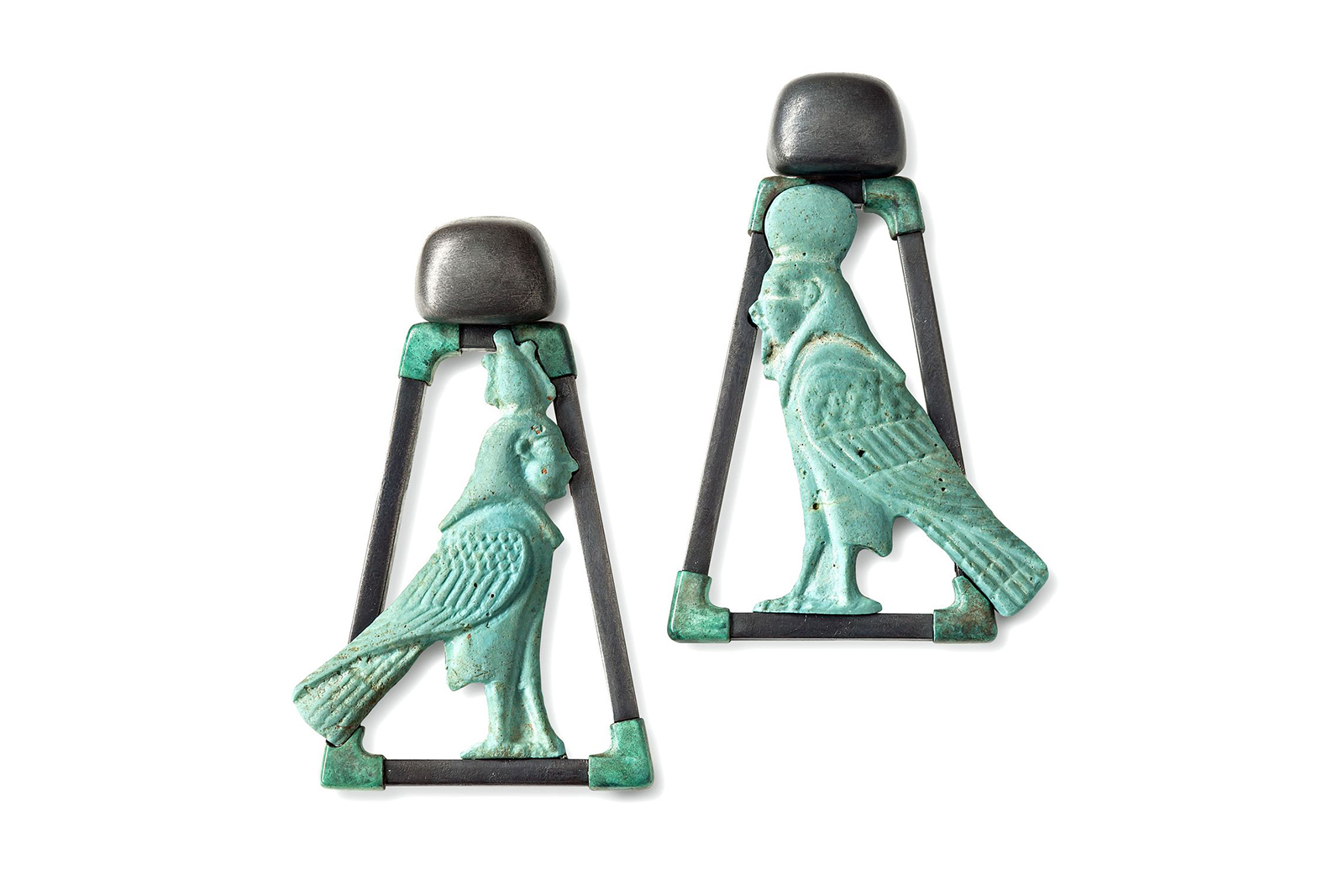  Hemmerle earrings featured in 'Jeweler', with silver and white gold, and two antique Egyptian faiences of the gods Osiris and Re from the 4th century BC. Price on Application, courtesy Hemmerle