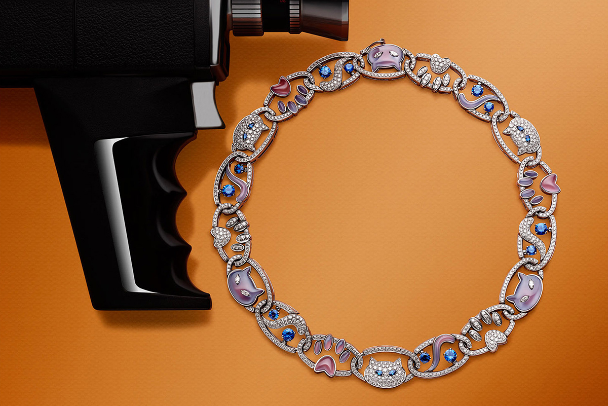  Bvlgari 'Sam the Cat' necklace from the 'Wild Pop' collection in white gold with blue chalcedony inserts, round sapphires, marquise sapphires, marquise diamonds, and pavé diamonds
