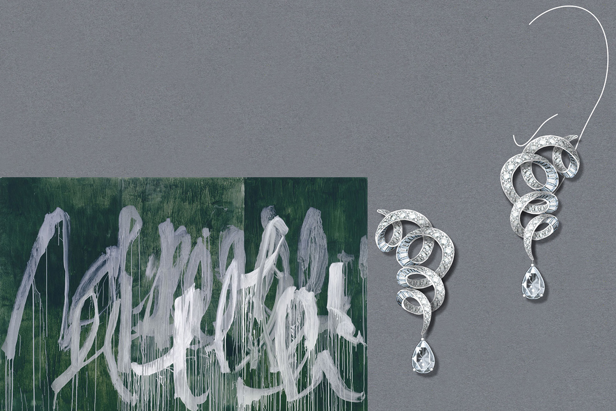  Rendering of Graff earrings with diamonds and Cy Twombly's 'Untitled' art