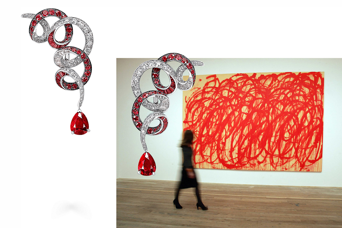 Graff earrings with rubies and diamonds and Cy Twombly's 'Bacchus' series