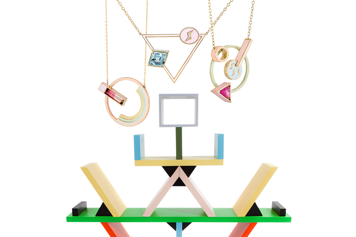 NUUN jewellery from the 'El Hada' collection with 'Italian Carlton' bookcase by Ettore Sottsass for Memphis Milano 