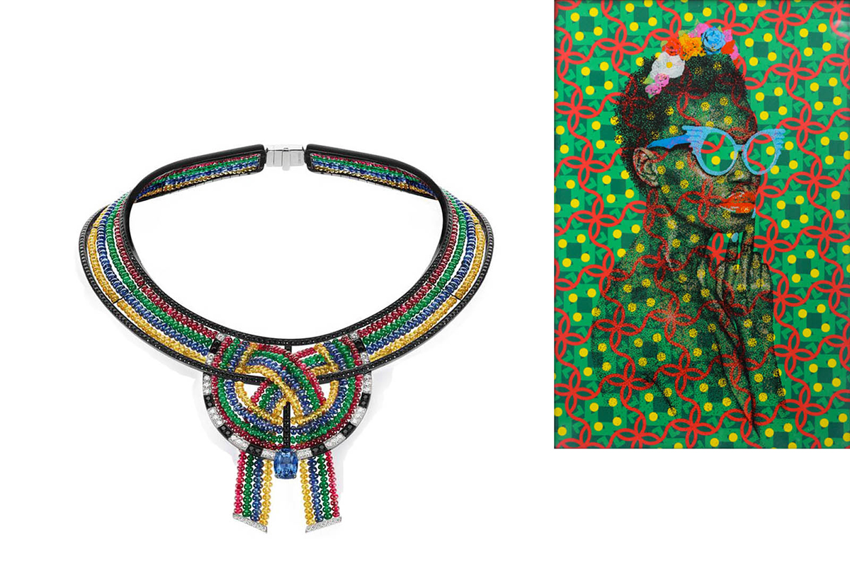 Chaumet 'Ronde de Pierres' necklace with red spinels, emeralds, sapphires and mandarin garnets, outlined by black spinels and diamonds on black rhodium-plated gold and 'Benediction' by Evans Mbugua