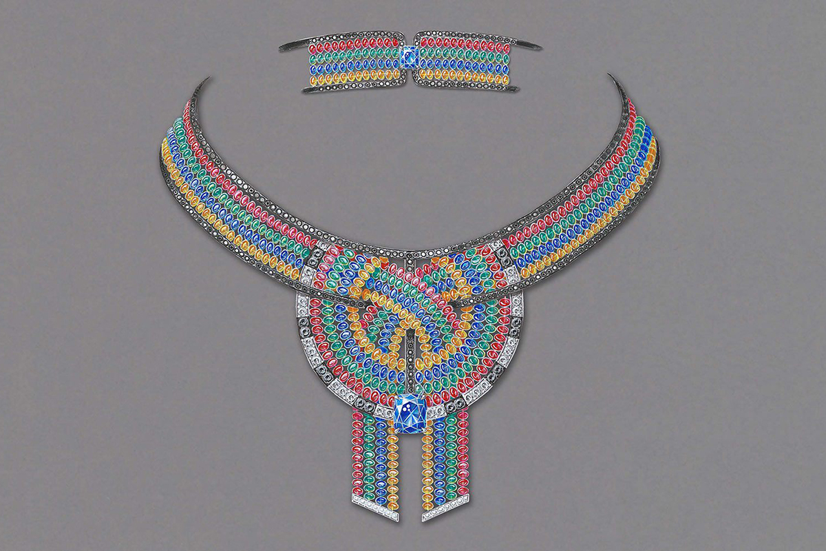  Chaumet 'Ronde de Pierres' necklace with red spinels, emeralds, sapphires and mandarin garnets, outlined by black spinels and diamonds on black rhodium-plated gold